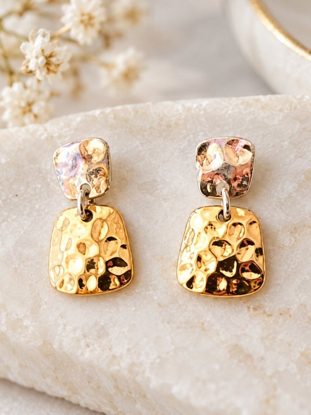 Vintage Two-Tone Hammered Drop Earrings Y2K